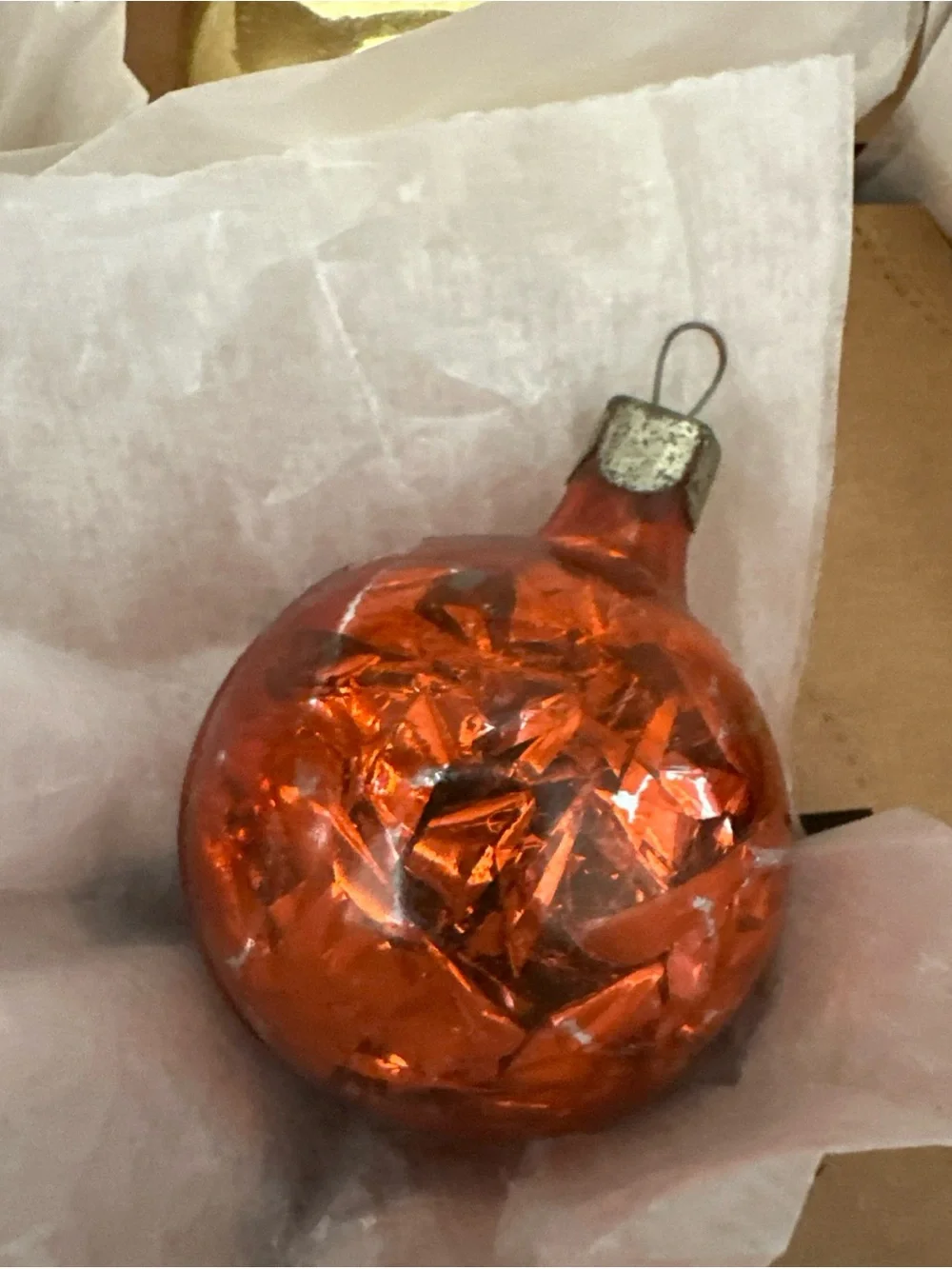 BOX OF VINTAGE 40’s ORNAMENTS TINSEL BALLS UNSILVERED